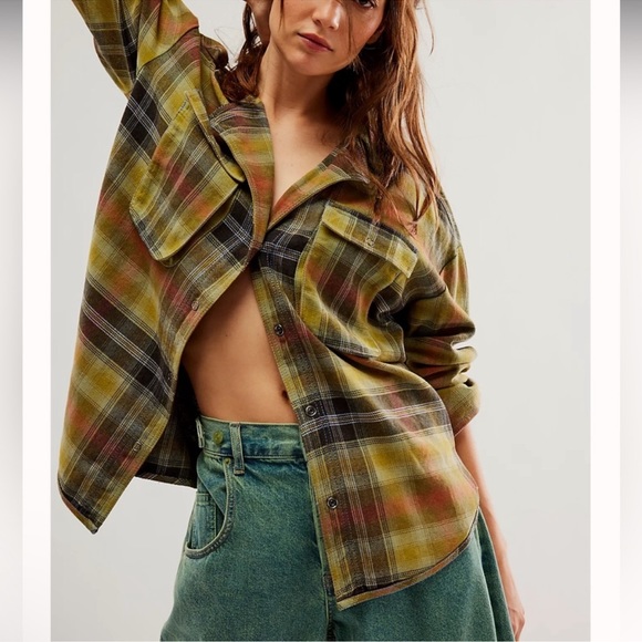 Free People We The Free Izzie Plaid Flannel Cargo Shirt Jacket Shacket Olive - Picture 2 of 10